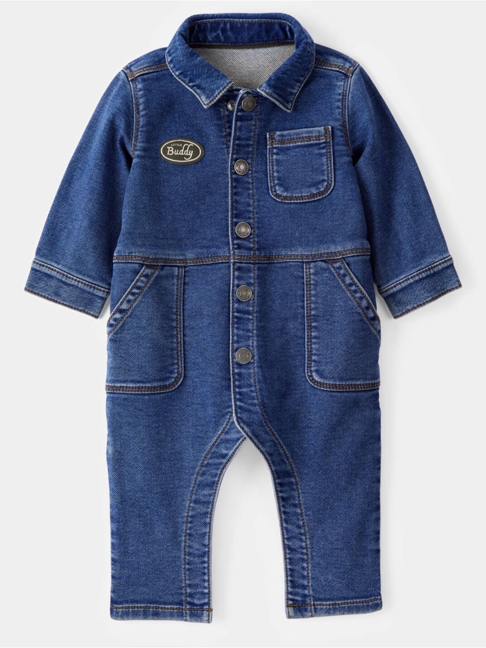 Carter's Dark Blue Denim Baby Jumpsuit with 'Buddy' Patch